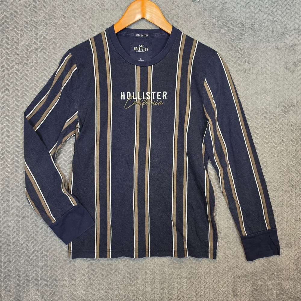 Hollister Mens Long Sleeve Striped T-Shirt Navy Blue Vertical Stripe Small